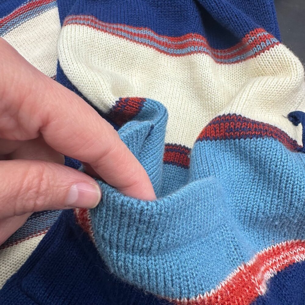Vintage Cardigan Sweater 1970s Striped Knit Blue White Red Open Front Retro - Picture 4 of 6